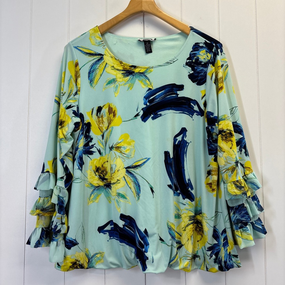 Alfani Woman Women Cottage Boho Ruffle Sleeve Top Size 1X Floral Spring Feminine